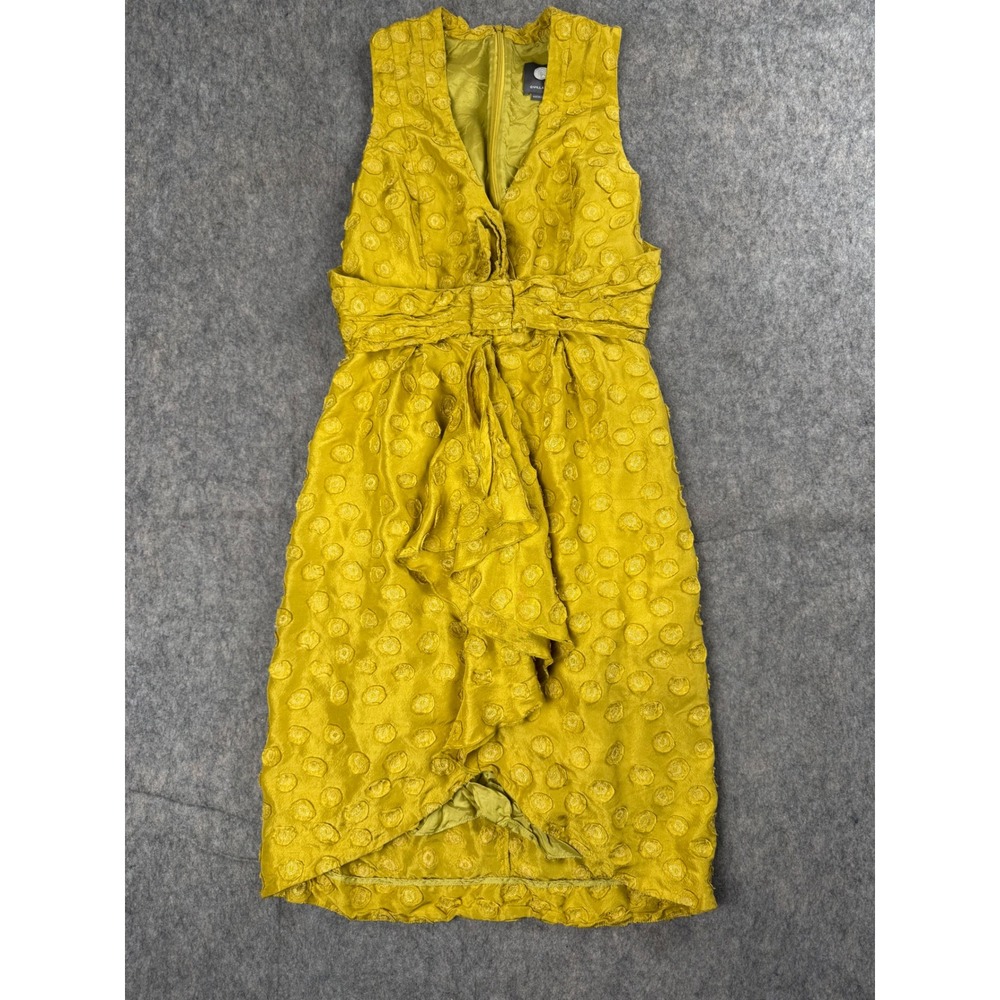 Quillaree Anthropologie Dress Womens 4 Yellow Textured V-Neck Cocktail Boho
